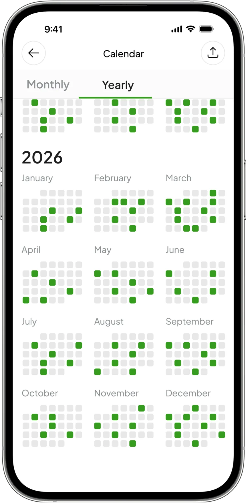 The Slice calendar in yearly view, every day you played shaded green