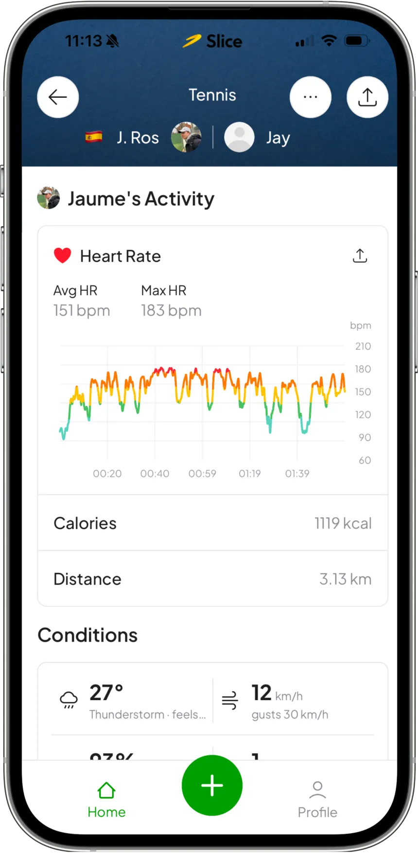 Heart rate, calories and distance imported from Apple Health and attached to a match
