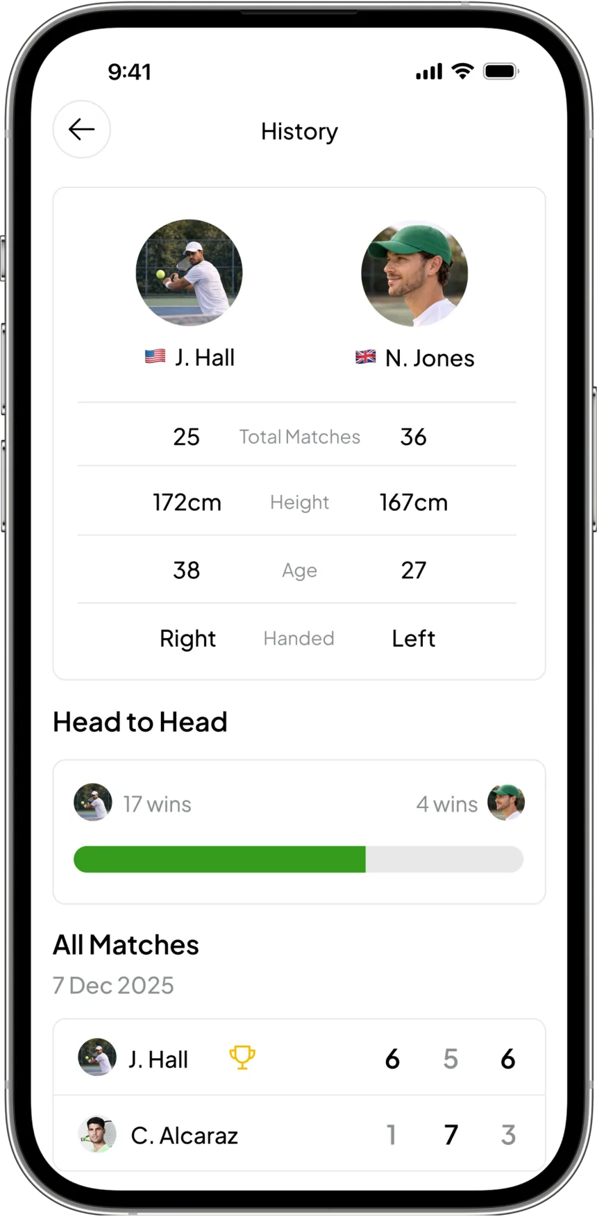Head-to-head history between two players with total matches and physical comparison