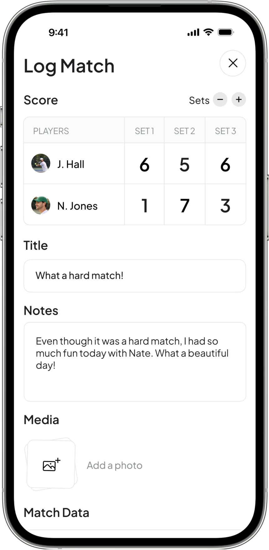Logging a match: set-by-set score entry with title, notes and photos