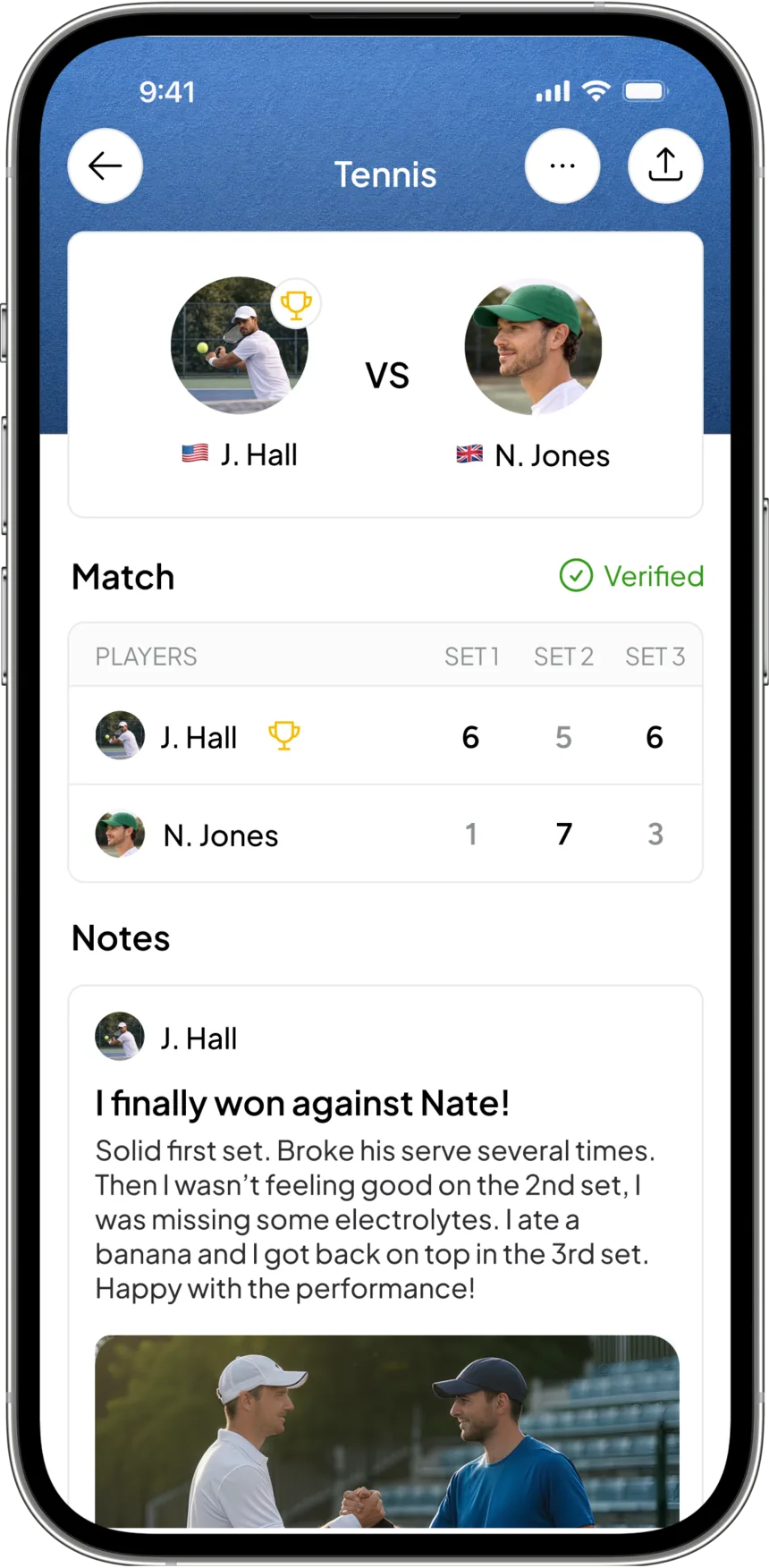 A saved match showing the verified scoreboard, notes and photos