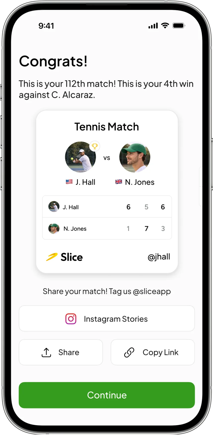 A shareable match card ready to post to Instagram Stories